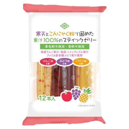寒天とこんにゃく粉で固めた果汁100%のスティックゼリー(りんご・ぶどう・パイン) 192g(16g×12本)