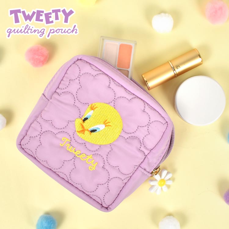 ポーチ 小物入れ 小さめ 自立 スクエア メイク コスメ 化粧ポーチ マチあり レディース Tweety トゥイーティー かわいい おしゃれ キルティング 女子 中学生 高校生 持ち歩き コンパクト 