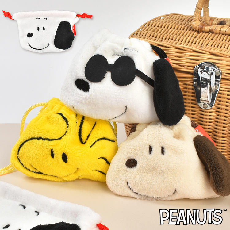 巾着 ポーチ SNOOPY スヌーピー 小物入れ ミニポーチ ぬいぐるみ 小さい コスメ メイク ミニ巾着 もこもこ ふわふわ キャラクター フェイス 顔 巾着袋 お菓子 かわいい きんちゃく PEA