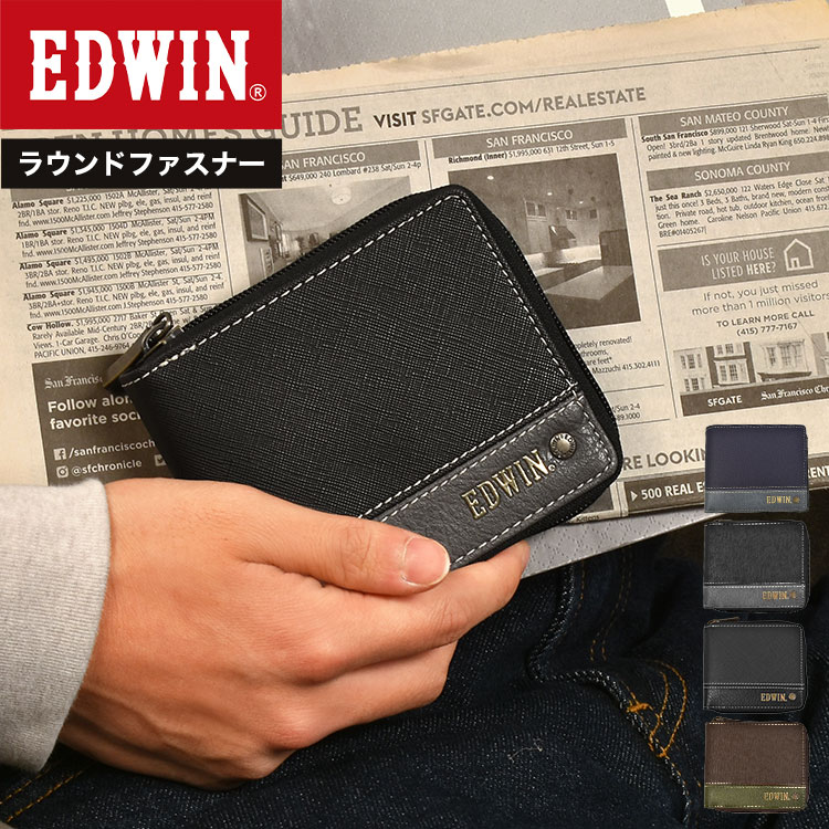 二つ折り財布 EDWIN エドウィン メンズ コンパクト ミニ財布 ラウンドファスナー ブランド 小銭入れあり お札入れ カード入れ 中学生 高校生 ギフト プレゼント 薄い 薄型 ショートウォレット