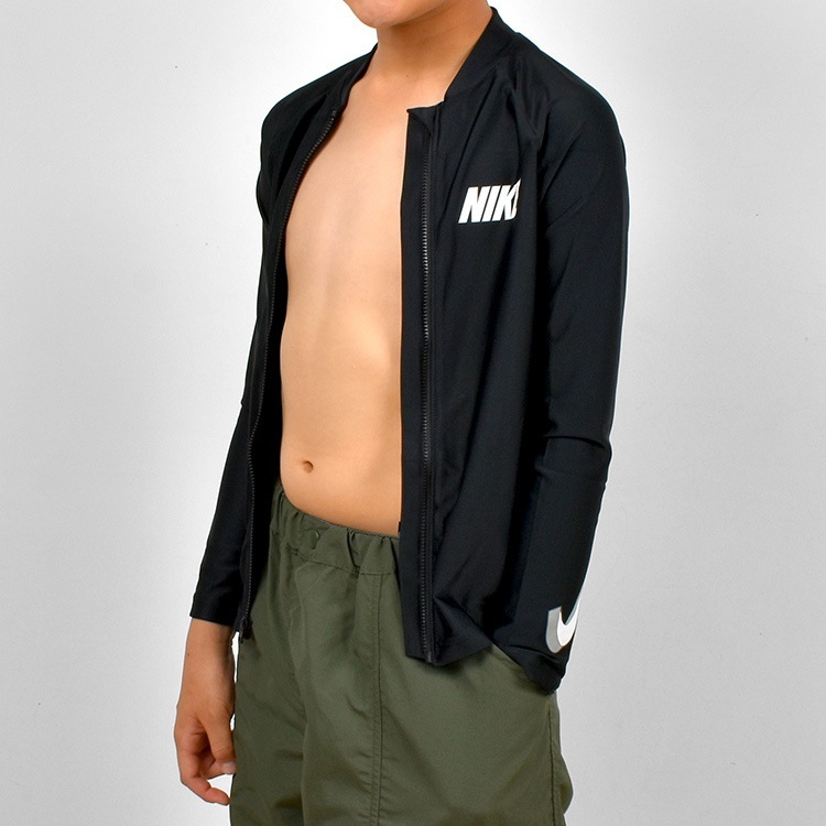 ラッシュガード ナイキ NIKE キッズ 男の子 長袖 子供 フードなし 子ども 130 140 150 160cm NESSD829 N001 黒 ブラック 3Dスウッシュ長袖ジップハイドロガード 