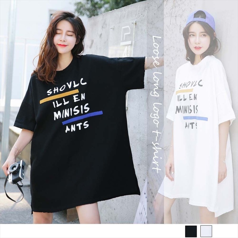 ロゴtシャツ ワンピース ゆったり ロング丈 カットソー チュニックワンピース 膝丈 T 韓国 ファッション 韓流 服 洋服 かわいい 可愛い おしゃれ レディースファッション アパレル カジュアル すべての商品 今すぐ買える水着がある Grinfactory レディース水着