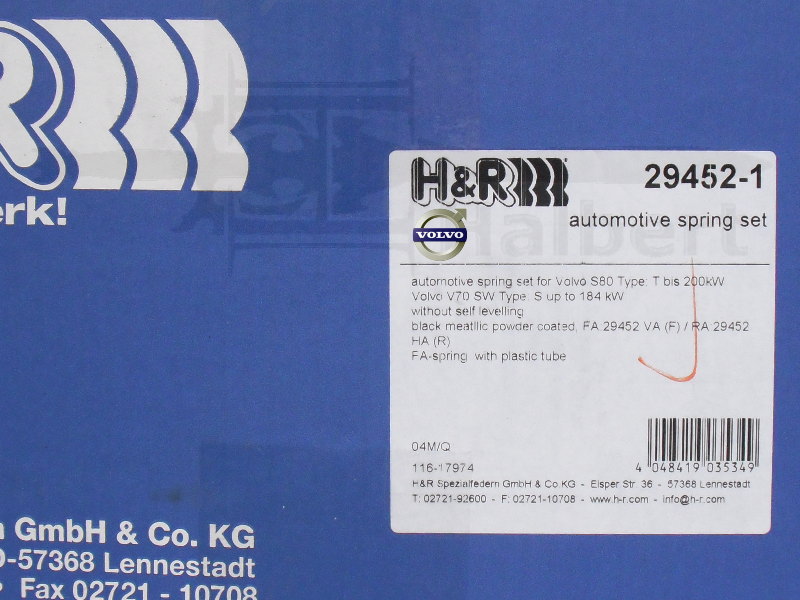 ��H&R Sport Springs�ۥ��ݡ��ĥ��ץ�󥰡åܥ�� S80 / V70 �����ȥ�٥饤����̵�֡�VOLVO S80/V70-2�ۡ�29452-1�ۡ�����̵����