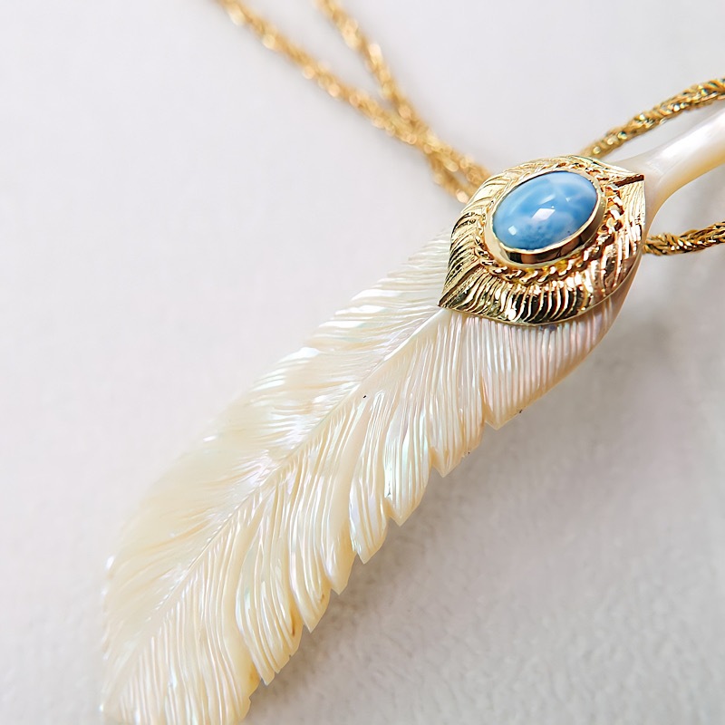 一点物　夜光貝のフェザーネックレス　高品質ラリマールースbrassTOP +