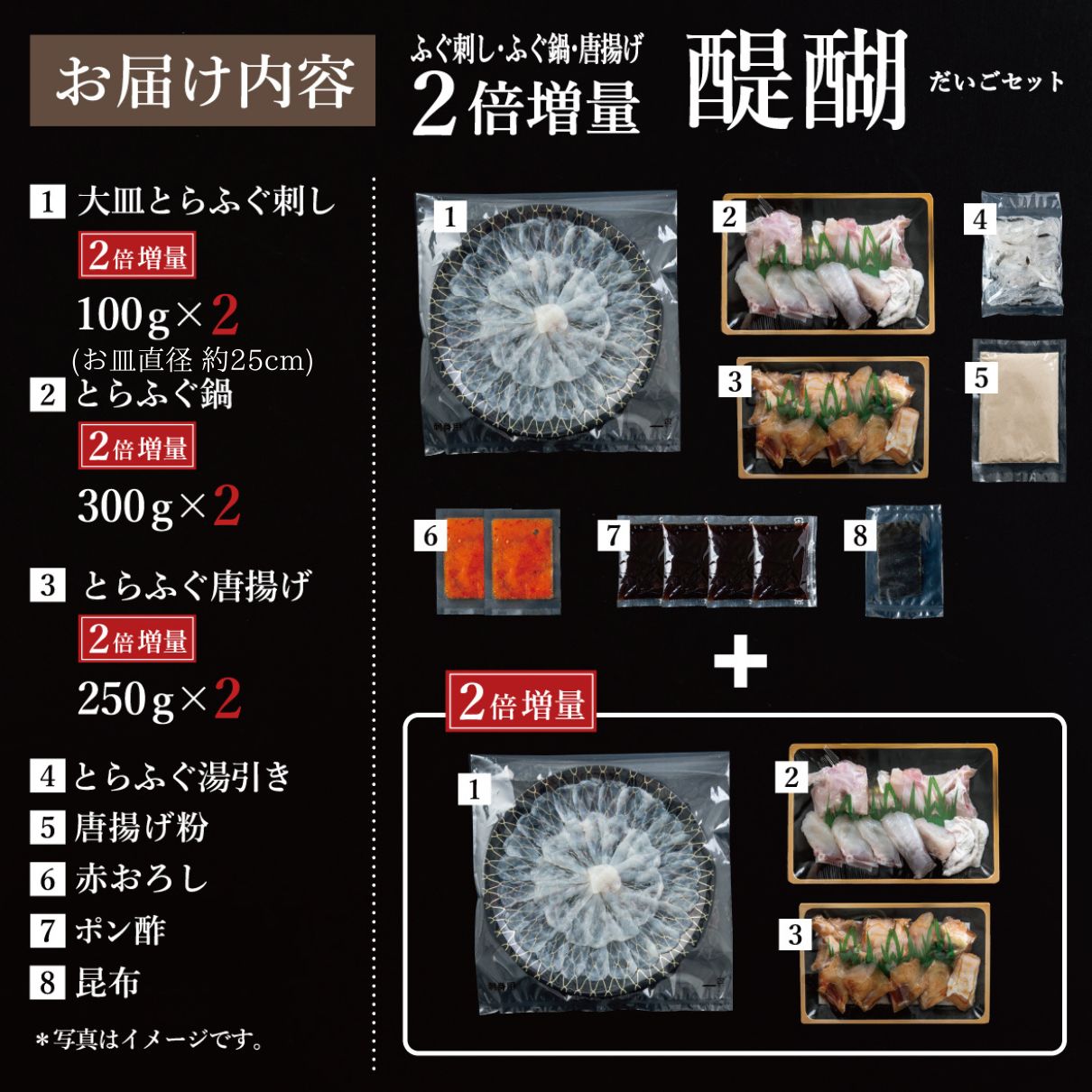 大人気 とらふぐが2倍！醍醐セット（とらふぐ刺身／熟成骨付き唐揚げ／とらふぐちり鍋）