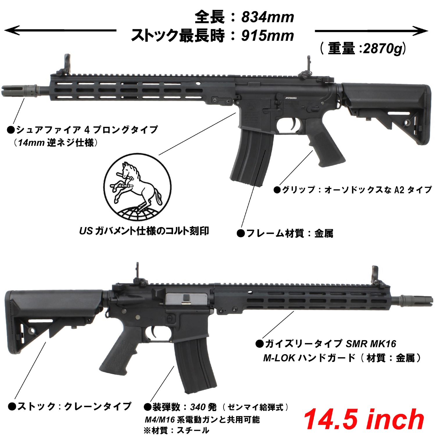 S&T URG-I 14.5インチ フルメタル G3電動ガン BK(COLT刻印)【180日間