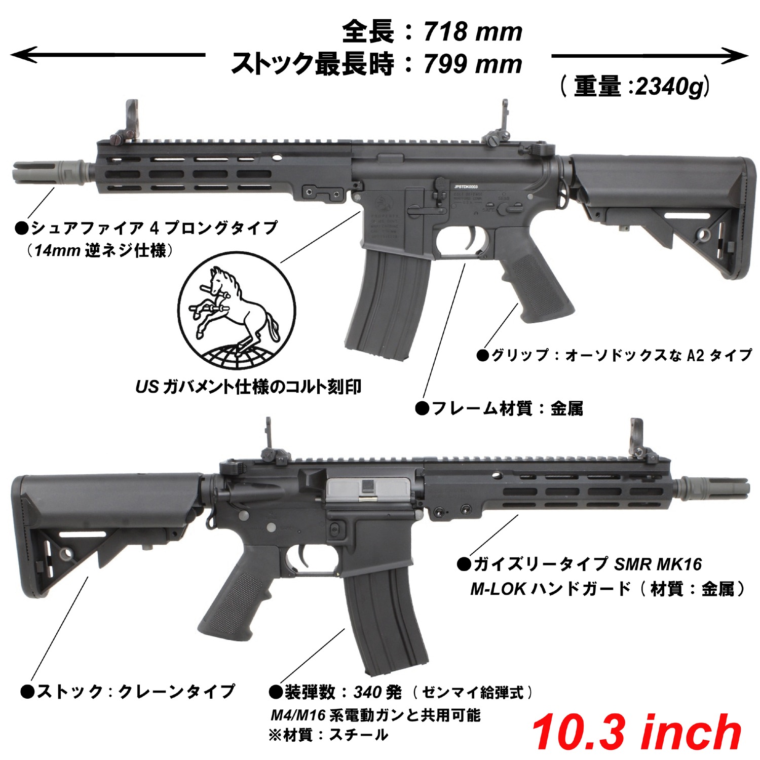 S&T URG-I 10.3インチ フルメタル G3電動ガン BK(COLT刻印)（電子 