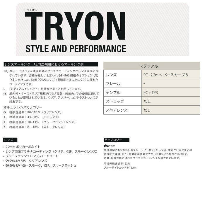 Bolle Safety　TRYONトライオン プロテクトグラス　TRYON / Clear Lens