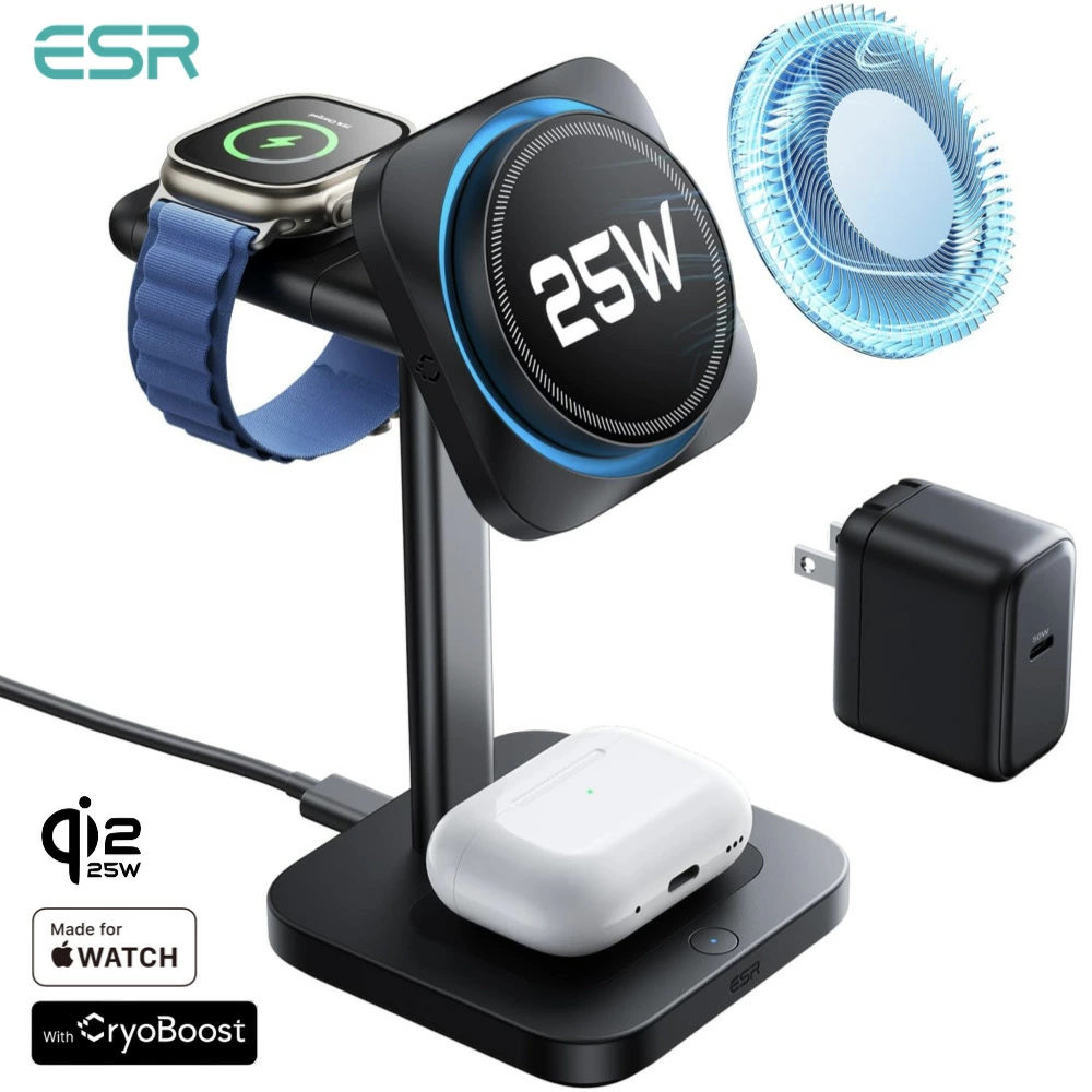 ESR 3in1 充電器 Qi2.2認証25W Magsafe充電器（CryoBoost冷却ファン