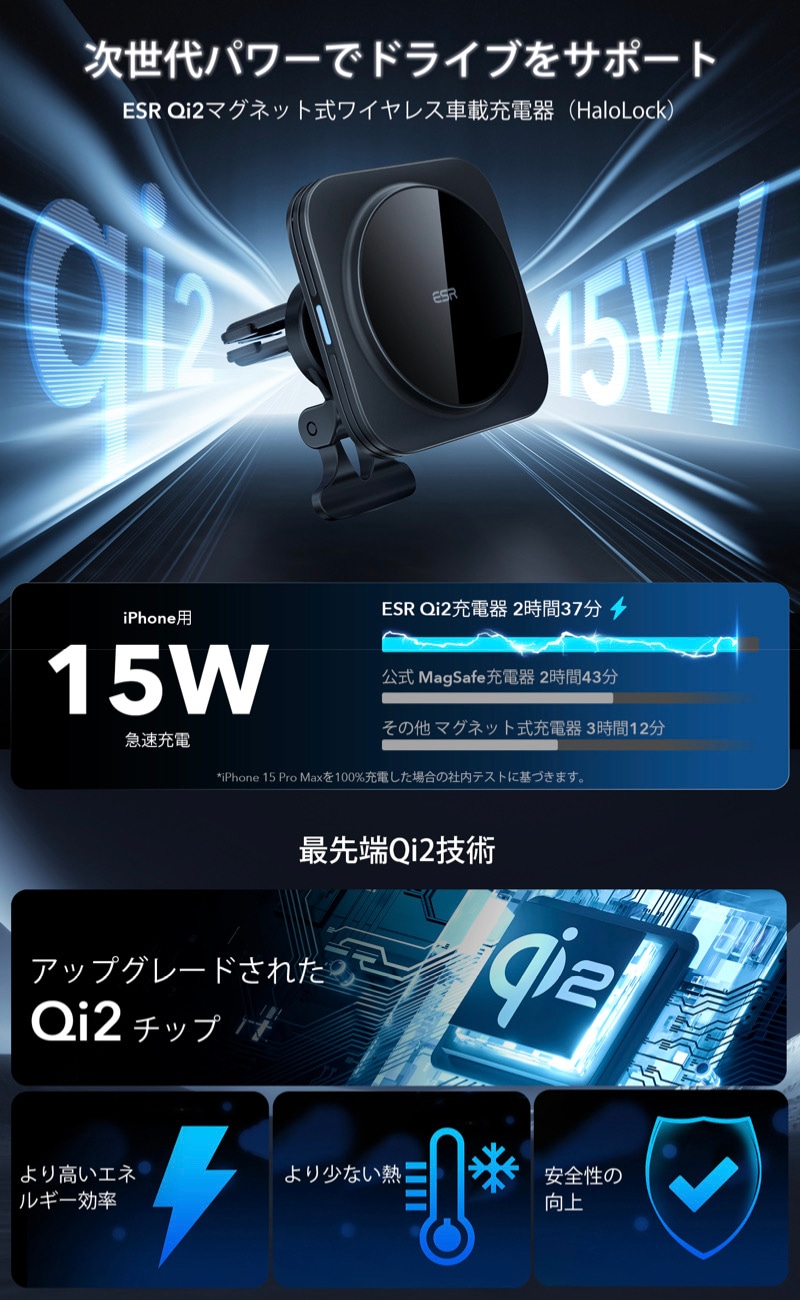 ESR MagSafe 充電器 車載用 マグセーフ 急速充電器 ESR Qi2 15W MagSafe車載充電器 Qi2認定 15W高速充電 MagSafe対応車載