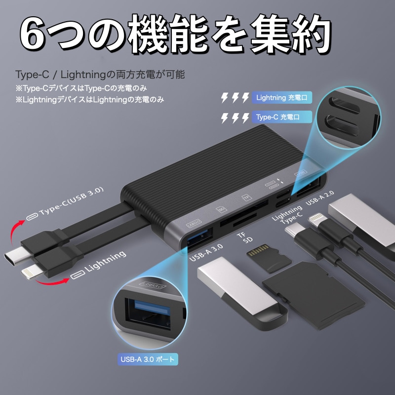 MicroSDカード付き】6in1 USB アダプター 変換アダプタ 充電 USB3.0