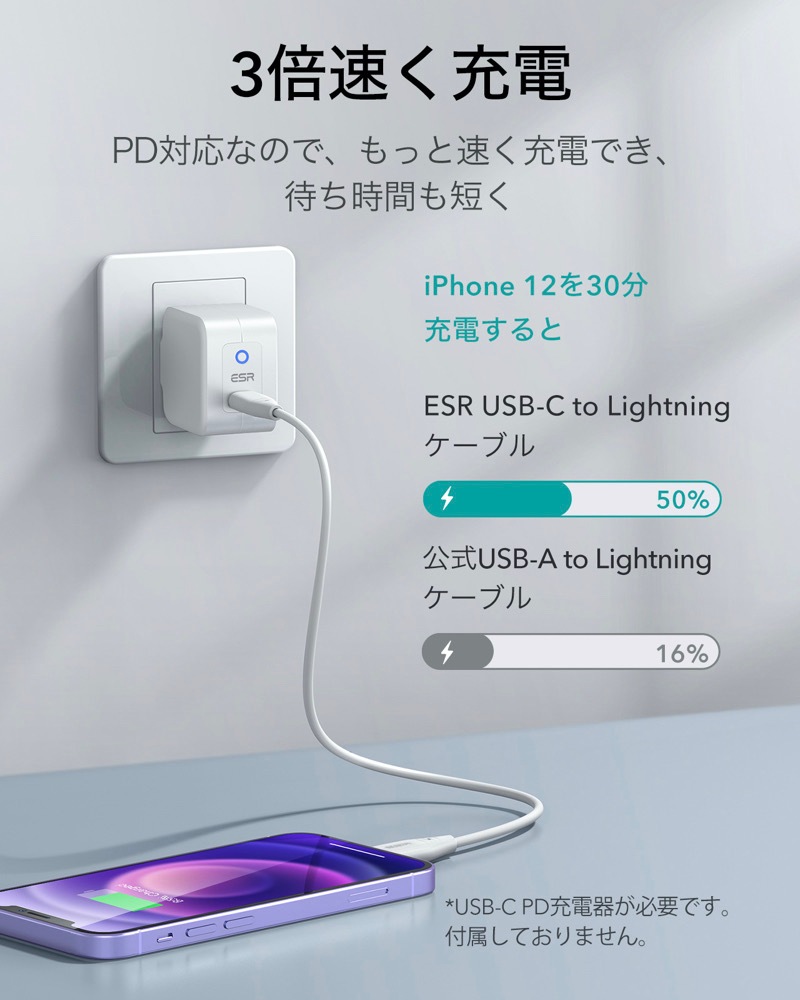 ESR USB C to Lightningケーブル 1m MFi認証取得 PD急速充電