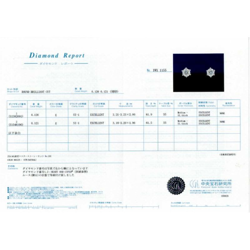 323. PT プラチナ ダイヤモンド ピアス 一粒 0.126ct/0.121ct (計0.24ct) ピアス （中央宝石研究所 鑑定書付）