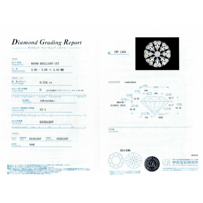 226.PT 一粒ダイヤモンドペンダント 【0.234ct】(中央宝石研究所鑑定書付)
