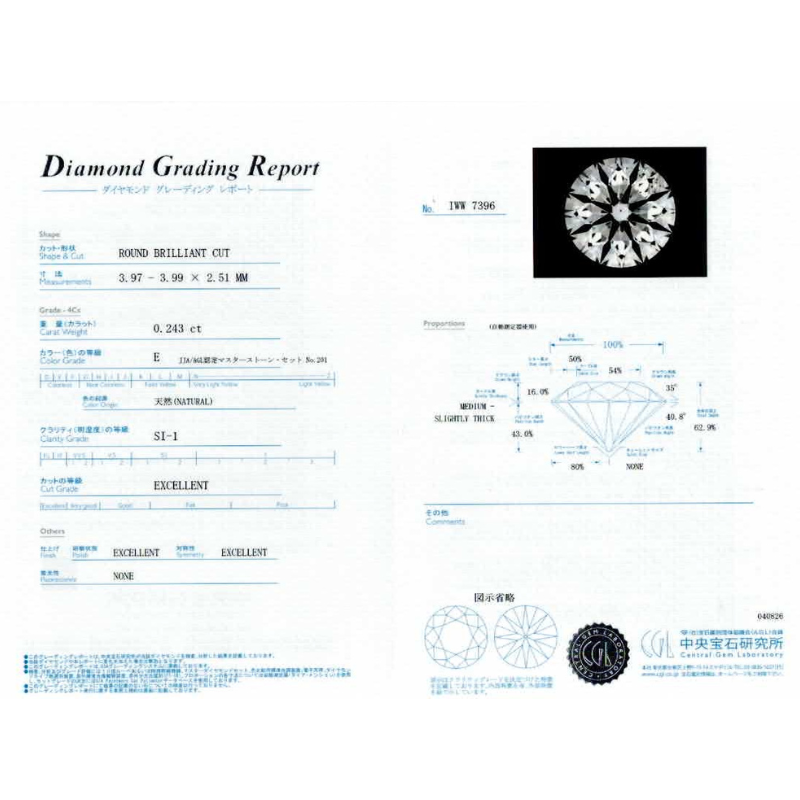 228.PT 一粒ダイヤモンドペンダント 【0.243ct】（中央宝石研究所鑑定書付）