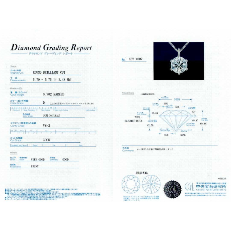 262.PT 一粒ダイヤモンドペンダント 【0.702ct】（中央宝石研究所鑑定書付）