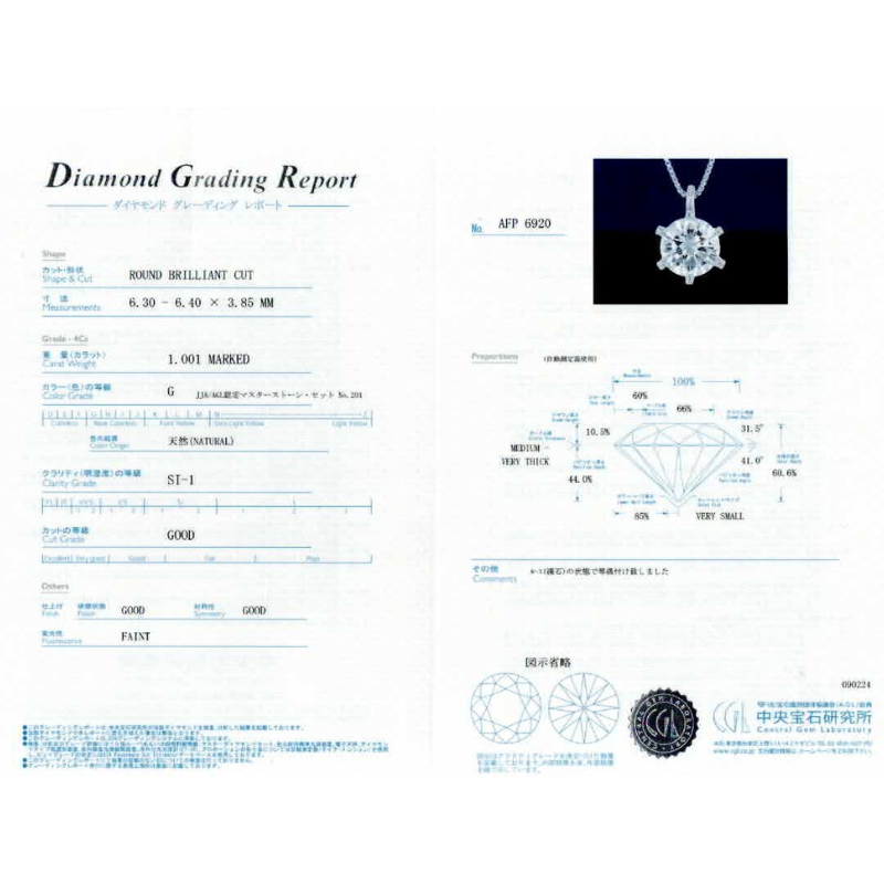 263.PT 一粒ダイヤモンドペンダント 【1.001ct】（中央宝石研究所鑑定書付）