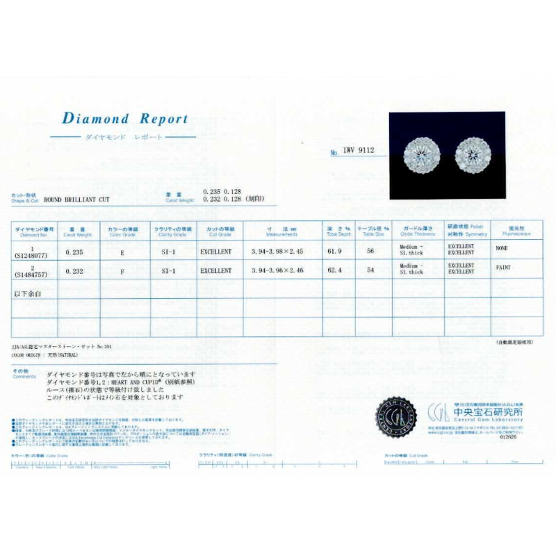 202.PT 3EXHC取巻きダイヤモンドピアス 0.235ct/0.232ct(中央宝石研究所鑑定書付)
