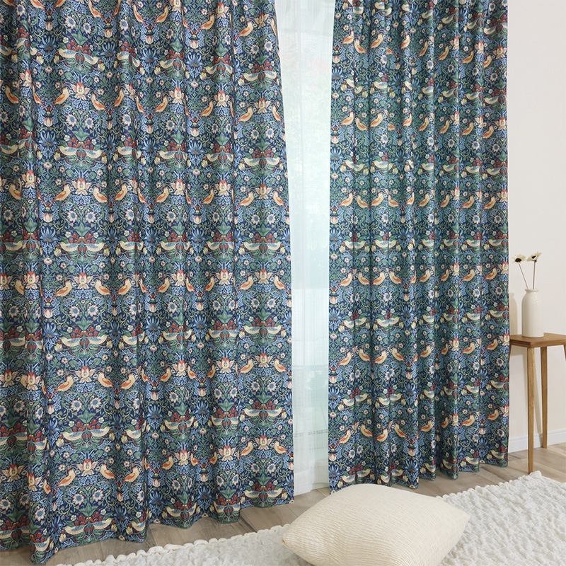 防炎】カーテン ドレープ 遮光3級 ウィリアムモリス いちご泥棒【35015