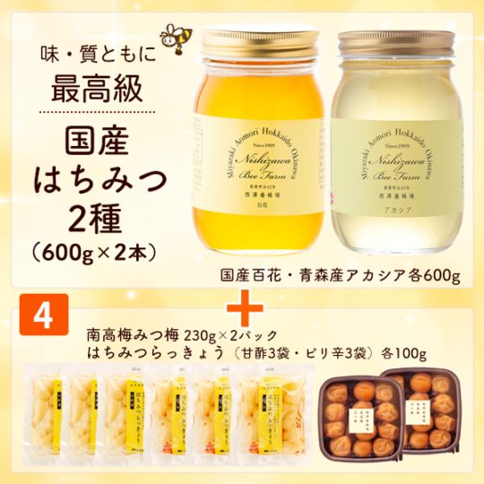 国産はちみつ2種＋4番セット（国産百花・アカシア各600g・みつ梅・らっきょう甘酢・ピリ辛）【特価品につきラッピング不可】