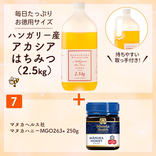 ハンガリー産アカシアはちみつ＋7番セット（ハンガリー産アカシア2.5kg・マヌカハニーMGO263＋250g）【特価品につきラッピング不可】
