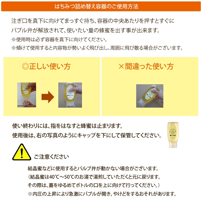 はちみつ詰め替え用ポリ空容器（大）逆止弁キャップタイプ 500g用
