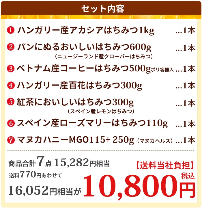 マヌカハニー入り豪華7種の純粋はちみつ福袋 3kg超 大容量【特価品