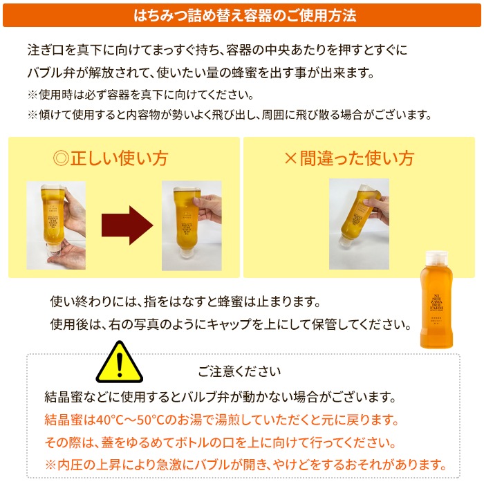 はちみつ詰め替え用ポリ空容器（大）500g用（H500ボトル）逆止弁キャップタイプ【お一人様5本限り】【ラッピング不可】