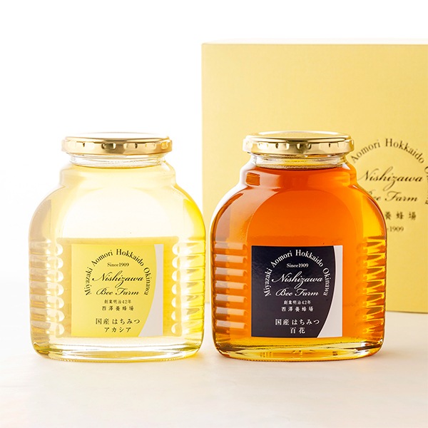 国産はちみつ2点ギフト（アカシア・野草 化粧瓶入各500g）｜蜂兵衛館