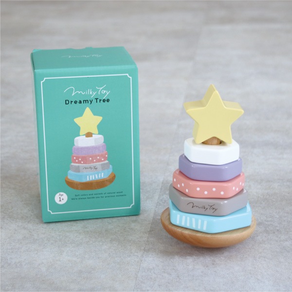 【名入代込】「Dreamy Tree」パステルカラーがかわいい、ゆらゆら揺れる木のおもちゃ/エド・インター/Milky Toy/スタッキングリング