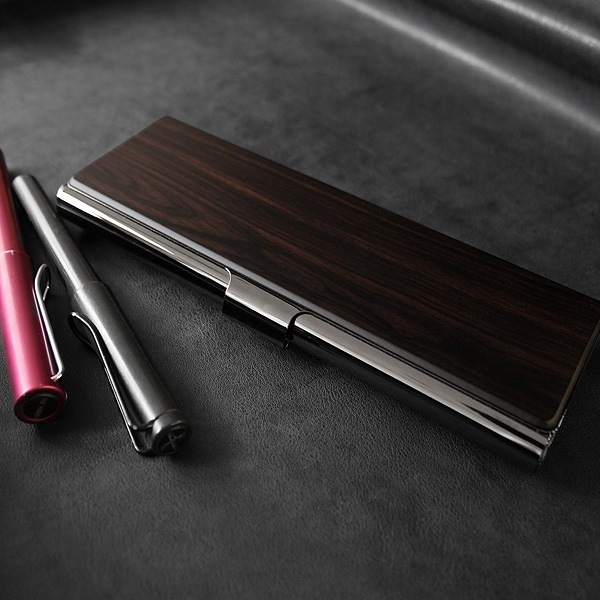 【プレミアム】「PEN CASE（黒檀）」重厚感のあるステンレス素材と銘木をあわせた木製筆箱・ペンケース