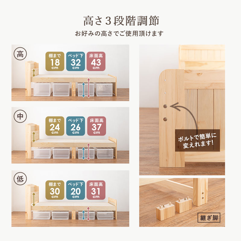 高さ3段階調節] カントリー調すのこベッド シングル【POLKU