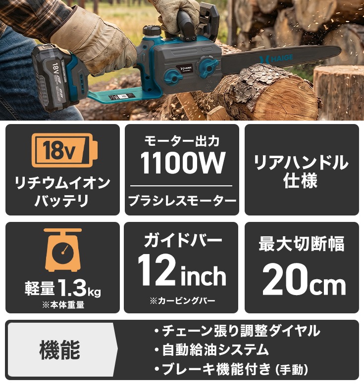 充電式ハンディチェーンソー 本体のみ/バッテリー付属なし HG-ECS1812