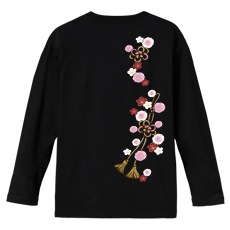 和柄Ｔシャツ　梅桜組紐飾　[レディース長袖(バックプリント)]|和柄Ｔシャツ [長袖,レディース,バックプリント]|和柄Ｔシャツ [レディース長袖]