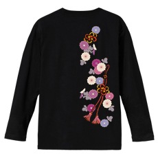 和柄Ｔシャツ　菊花組紐飾　[レディース長袖(バックプリント)]|和柄Ｔシャツ [長袖,レディース,バックプリント]|和柄Ｔシャツ [レディース長袖]