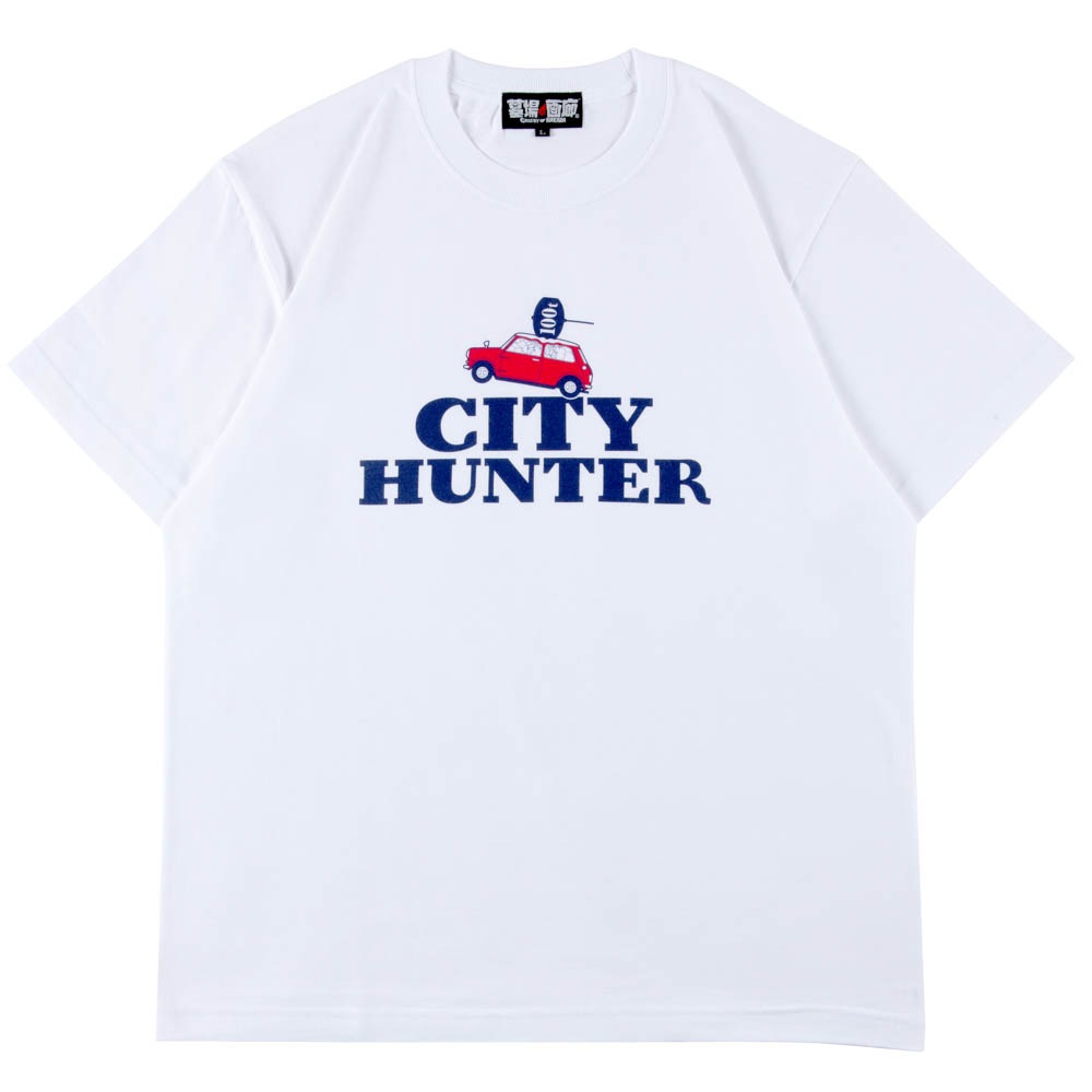 シティーハンター/CRASH Tシャツ（100tハンマー、ミニクーパー）/ホワイト｜墓場の画廊ONLINE STORE