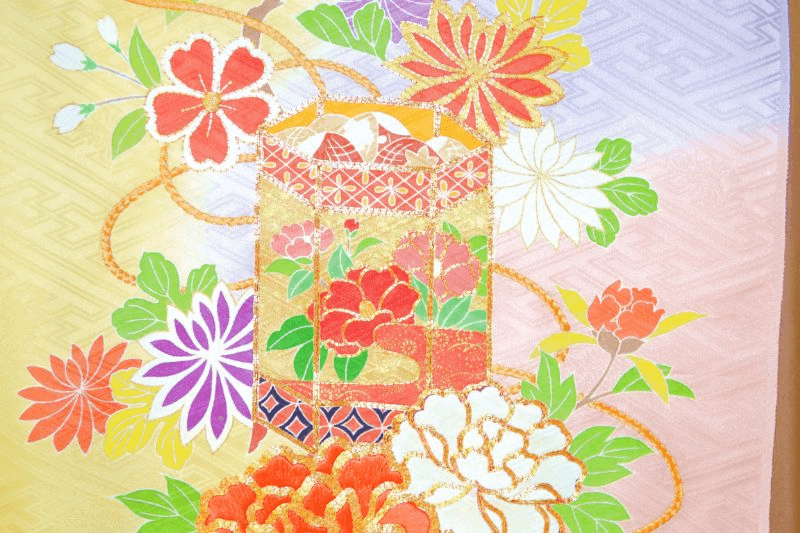 貝桶草花 オールシルク 手刺繍 錦糸刺繍 手書き友禅 イエロー