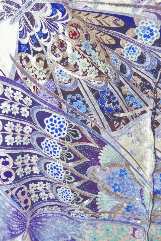 柄 変形蝶 生地 オールシルク 手刺繍 型友禅 銀糸刺繍 色 白