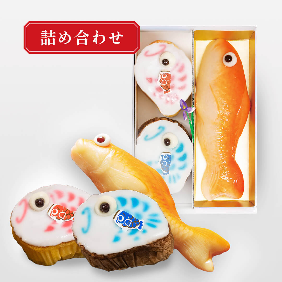 【店頭受取】五月セット(1) 鯉餅菓子中(白あん)1匹 鯉かすてら(プレーン・チョコ)
