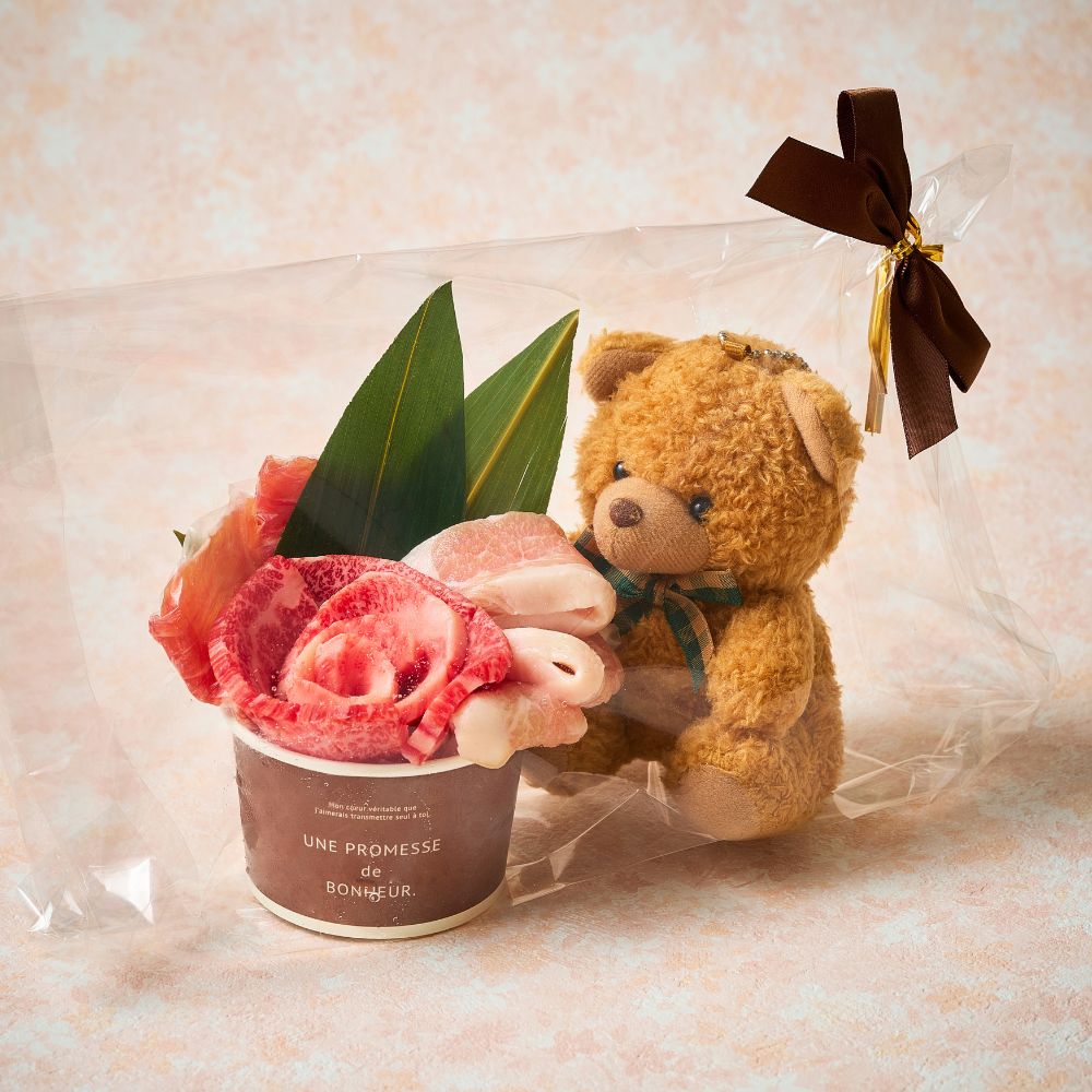 お花のお肉とぬいぐるみのギフトセット（Bear S 150g）