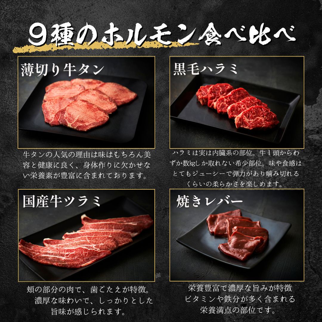 送料無料！９種のホルモン食べ比べ360g（3種類のタレ付き）