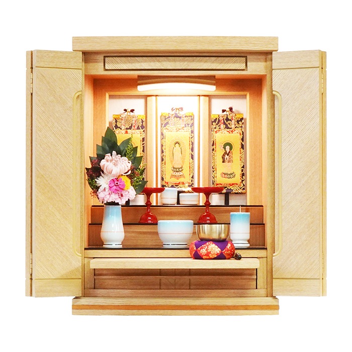 【仏壇】 モダンコンパクト仏壇（L） 18号 セルーラ タモ（ライト色） ご本尊・お仏具セット付