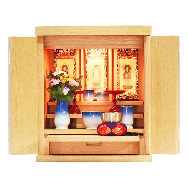 【仏壇】 モダンコンパクト仏壇(S) 14号 ウィータ タモ(ライト色)ご本尊・お仏具セット付