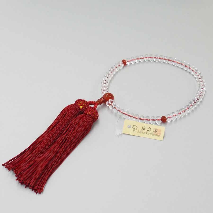 【女性用念珠】 水晶 ミカン玉(5×7) メノウ ヨリ房 深緋色