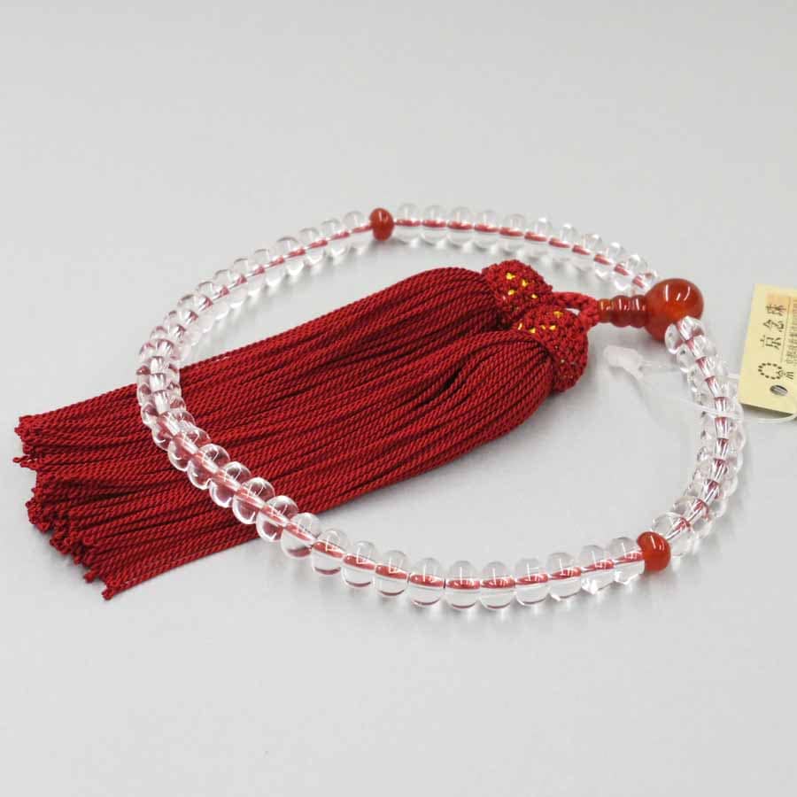 【女性用念珠】 水晶 ミカン玉(5×7) メノウ ヨリ房 深緋色