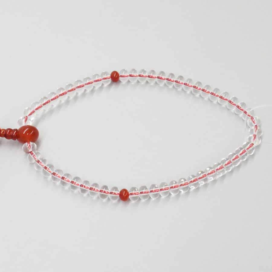 【女性用念珠】 水晶 ミカン玉(5×7) メノウ ヨリ房 深緋色