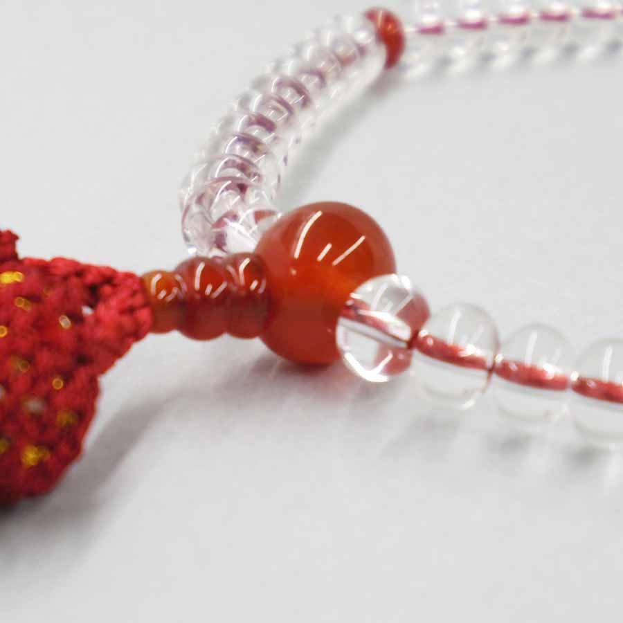 【女性用念珠】 水晶 ミカン玉(5×7) メノウ ヨリ房 深緋色