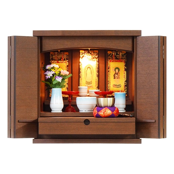 【仏壇】 モダンコンパクト仏壇（S） 14号 スラー タモ（ウォールナット色） ご本尊・お仏具セット付