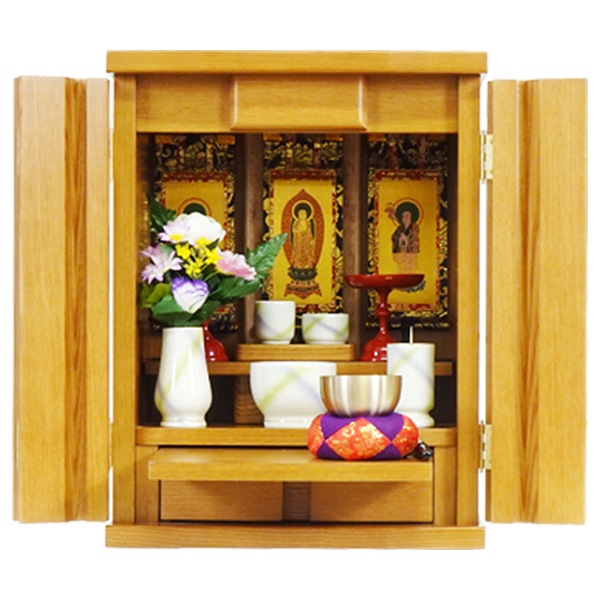 【仏壇】 モダンコンパクト仏壇(S) 14号 サーラ タモ(ライト色) ご本尊・お仏具セット付