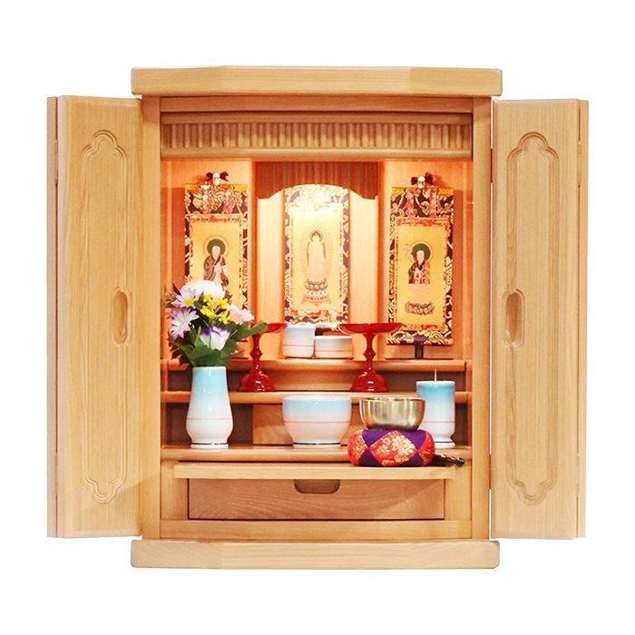 【仏壇】 モダンコンパクト仏壇(L) 18号 愛光 タモ(ナチュラル色) ご本尊・お仏具セット付